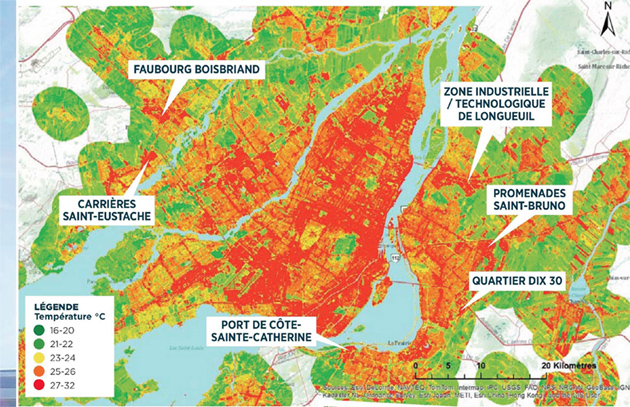 Distribution de la température de surface pour la ville de Montréal